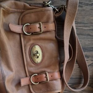 Fossil Tan Leather Bag with Gold-Tone Clasp